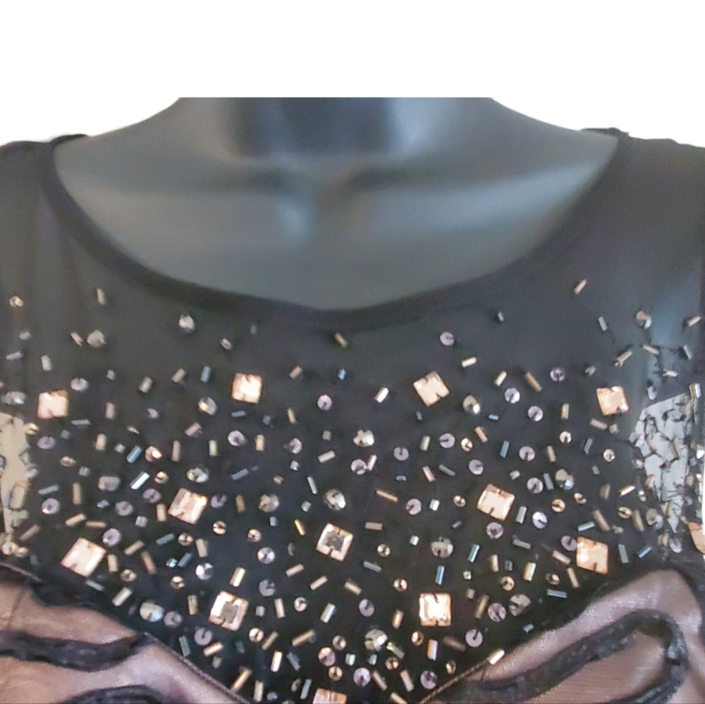 Ignite Evening Black and Tan Lined Dress With Beaded Illusion Neckline Size 10 - Picture 9 of 15
